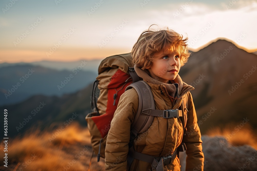 Adorable little boy with backpack hiking in mountains at sunset. Travel and active lifestyle concept