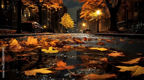Autumn leaves in puddles  rainy autumn. Generation AI
