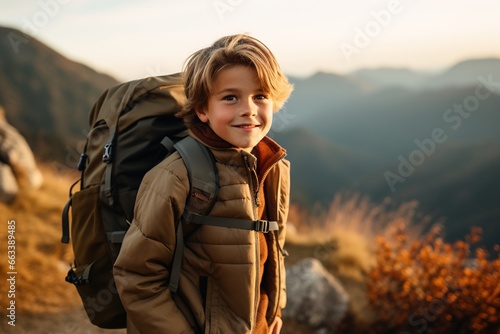 Adorable little boy with backpack hiking in mountains at sunset. Travel and active lifestyle concept © Rudsaphon