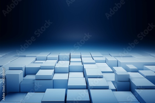 Squares create a dynamic abstract backdrop in white and dark blue