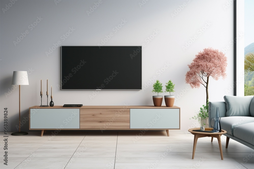 Sleek white wall complements TV on cabinet in contemporary living room Sleek white wall complements TV on cabinet in contemporary living room
