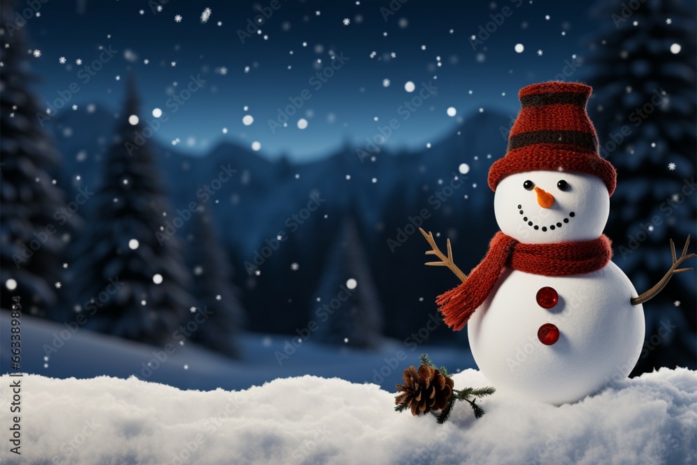 Snowman amidst falling snow, nestled by tranquil pine tree scenery