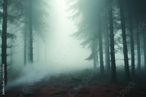 Smoke laden pine forest  3D mystery tree in a chilling winter