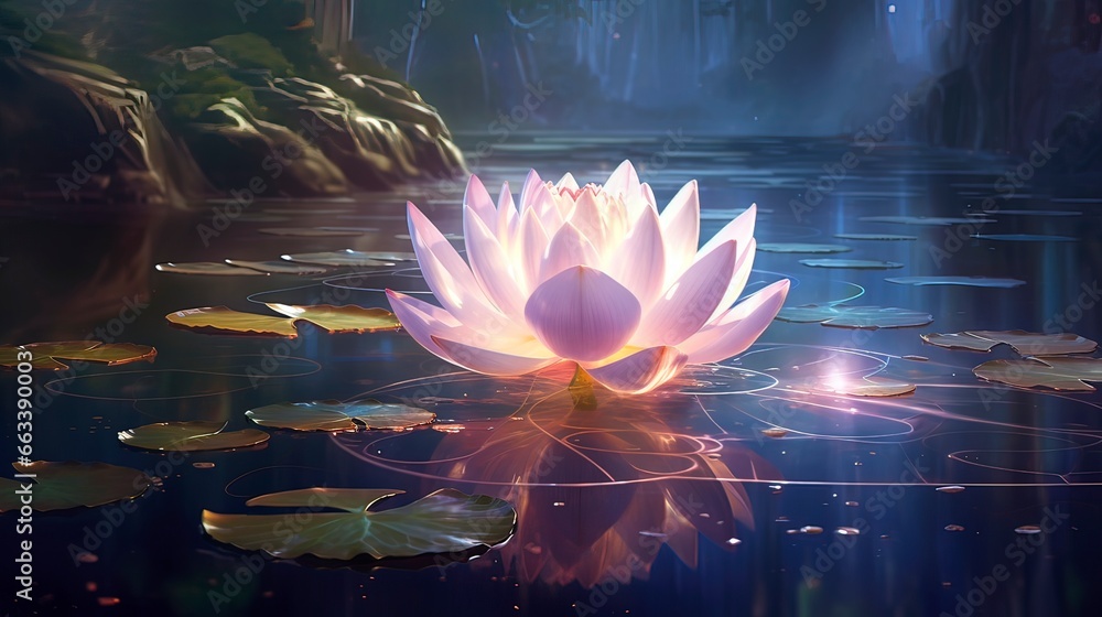 Magical lotus flower on the water, neon light, reflection, magical light. Generation AI - obrazy, fototapety, plakaty 