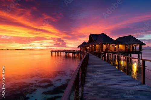 Sumptuous Maldives sunset, water villas, and golden sand, vacation perfection © Jawed Gfx