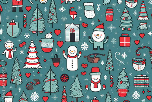 The cute Christmas pattern on a light blue background is ideal for gift wrapping paper, backgrounds, and other high-quality prints.AI generated © jkjeffrey
