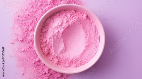  a pink powder in a white bowl on a purple background. generative ai