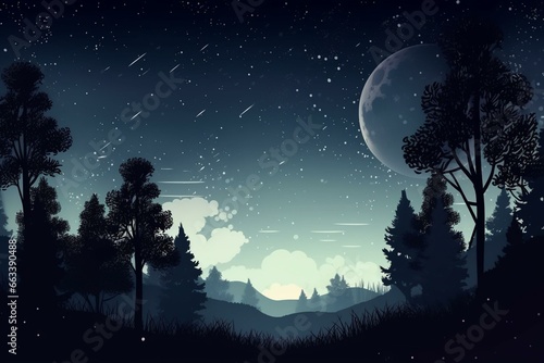 Moonlit night sky with starry backdrop and dark forest. Generative AI