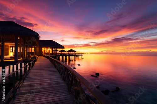 Sumptuous Maldives sunset  water villas  and golden sand  vacation perfection