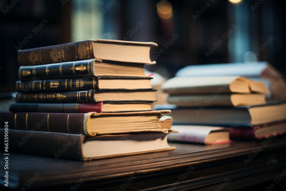 Stacks of books atop a table against a librarys blurred backdrop Stacks of books atop a table against a librarys blurred backdrop