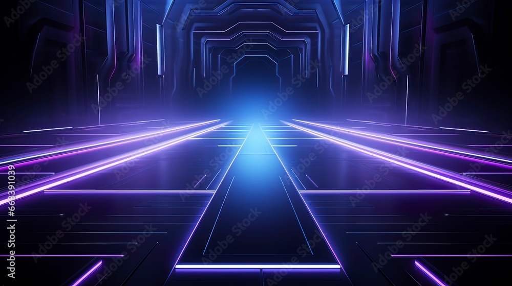 Dark neon corridor. Sci Fy neon glowing lamps in a dark tunnel. Reflections on the floor and walls, rays and spotlights. Generation AI