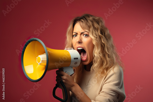 Empowered Voice Energetic Young Blonde Woman Amplifying Her Message Through a Megaphone in a Powerful Display of Expression. created with Generative AI