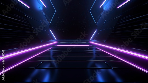 Dark neon corridor. Sci Fy neon glowing lamps in a dark tunnel. Reflections on the floor and walls, rays and spotlights. Generation AI