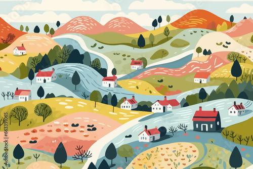 Country landscapes quirky doodle pattern, wallpaper, background, cartoon, vector, whimsical Illustration