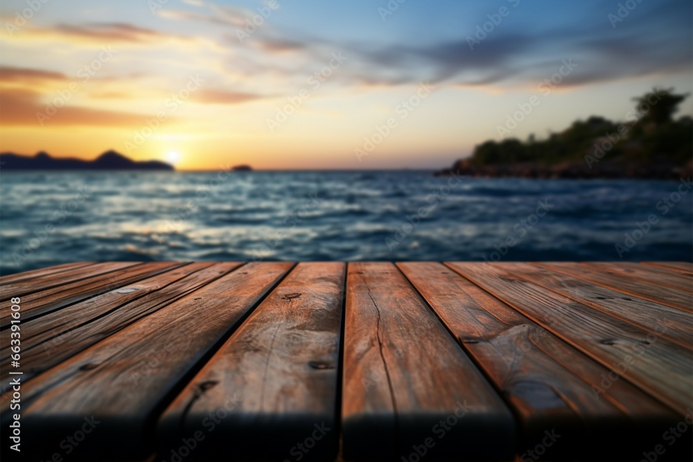 Sunsets warmth Blurry sea sunset complements an empty wooden table