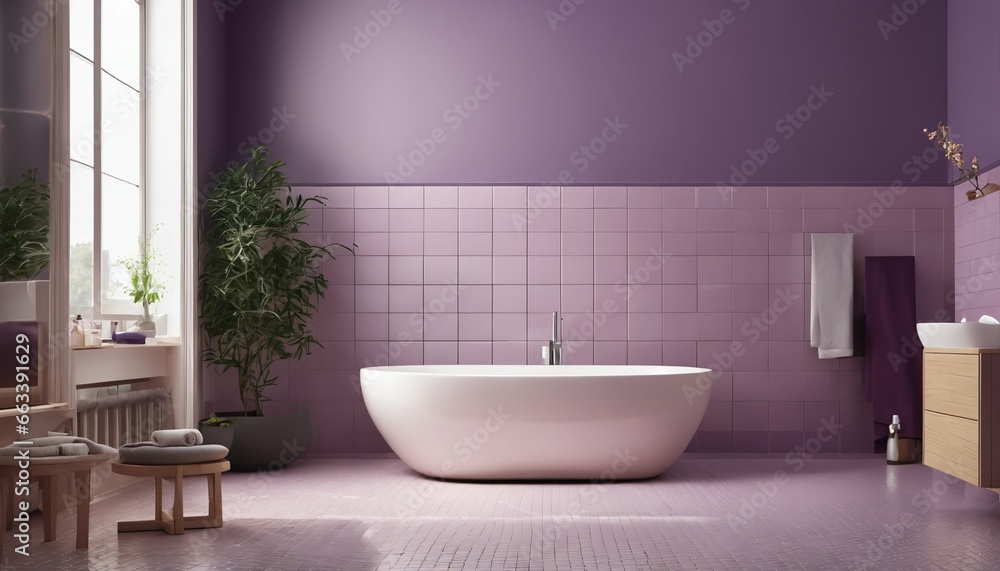 Fototapeta premium Minimalist bathroom design: Purple tiles, wooden cabinet, mirror, and bathtub