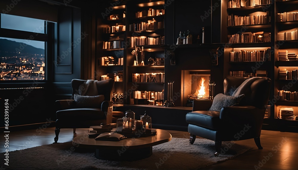 Comfortable fireplace room: Warm fire, bookshelves, and cozy armchairs - obrazy, fototapety, plakaty 
