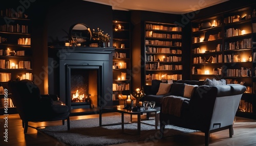 Comfortable fireplace room: Warm fire, bookshelves, and cozy armchairs
