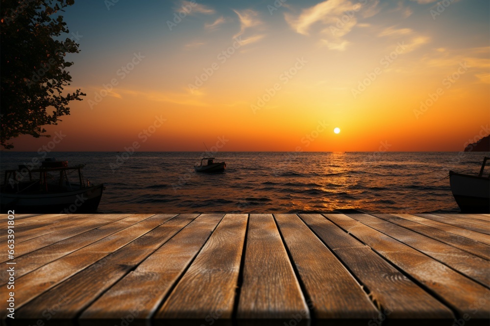 Table by the shore Sea sunsets beauty on an empty wooden table