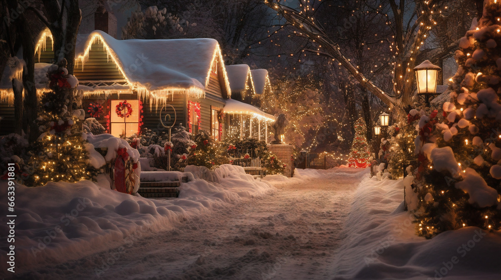 Decorated Christmas houses on a suburban snowy street. Ornaments, night, bright, illuminated, Generative AI
