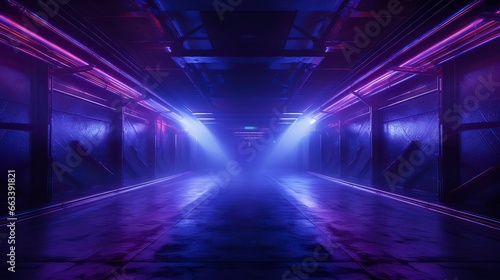 Glowing neon purple pink blue lights in an empty concrete room. Generation AI