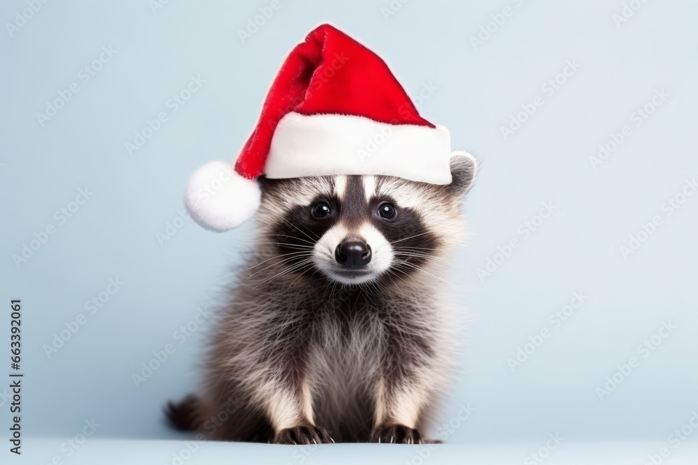 A cute festive raccoon wearing a Christmas santa hat. Holiday animal portrait A cute festive raccoon wearing a Christmas santa hat. Holiday animal portrait