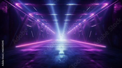 Glowing neon purple pink blue lights in an empty concrete room. Generation AI