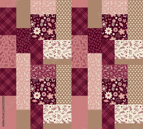 Vector abstract seamless patchwork pattern with geometric and floral ornaments, stylized flowers. Vintage boho style. kintsugi