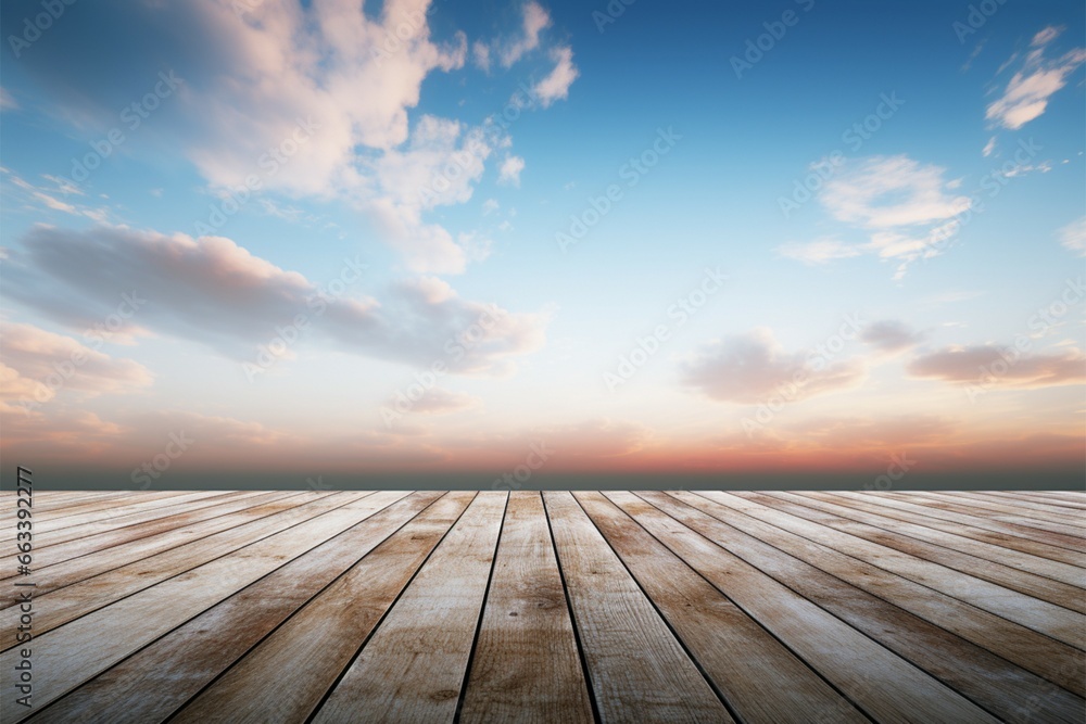 The earthy warmth of a wooden floor complements the open sky