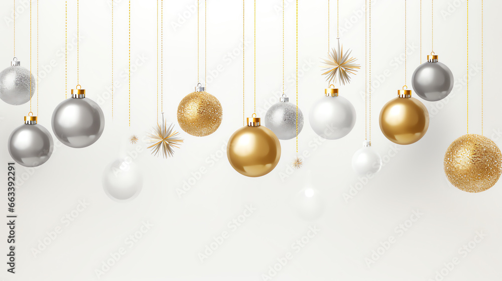 Christmas new year banner with hanging gold and silver ball on white background Christmas new year banner with hanging gold and silver ball on white background