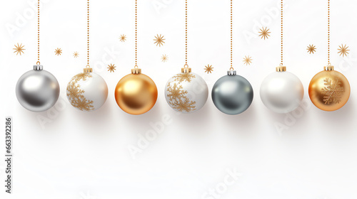 Christmas new year banner with hanging gold and silver ball on white background