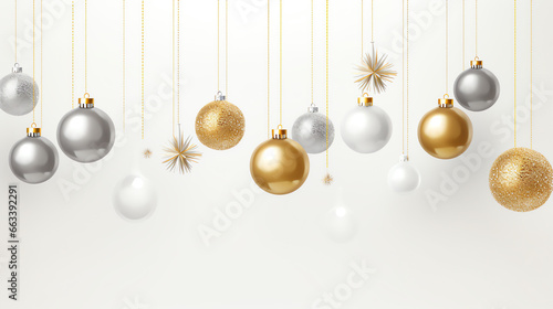 Christmas new year banner with hanging gold and silver ball on white background