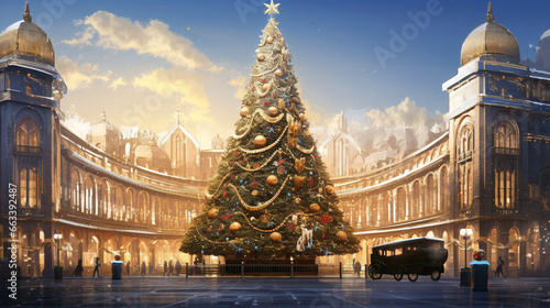 Illuminated Christmas tree in city center illustration. Decorated, bright, glowing, decorated, Generative AI