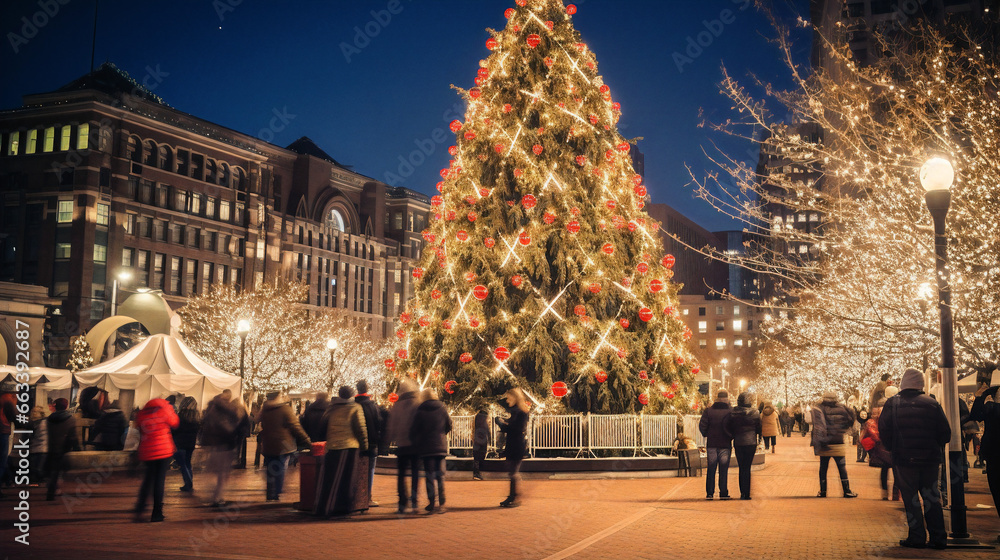Illuminated Christmas tree in city center. Decorated, bright, glowing, decorated, Generative AI