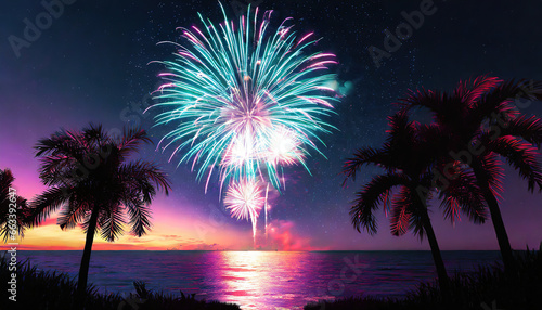 pyrotechnics and fireworks in beach background © Paula