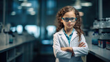 Little girl portrays a scientist in a classroom or lab.