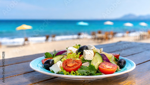 Greek salad with vegetables at beach restaurant