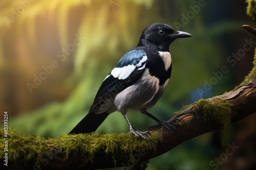 Beautiful magpie sits on tree branch in a tranquil forest. Nature and wildlife. Yellow green blurred background. Black and white plumage of a bird. Ornithology. Postcard, banner, poster, print, cover.