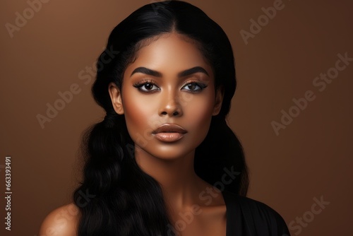 a macro close-up studio fashion portrait of a face of a young african woman with perfect skin, black hair and immaculate make-up. Skin beauty and hormonal female health concept