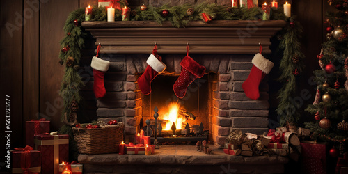 Christmas stocking on the fireplace, Christmas gifts, Christmas presents, winter hollidays  © Julia