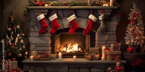 Christmas stocking on the fireplace, Christmas gifts, Christmas presents, winter hollidays  photo