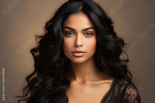 a macro close-up studio fashion portrait of a face of a young indian woman with perfect skin, black hair and immaculate make-up. Skin beauty and hormonal female health concept