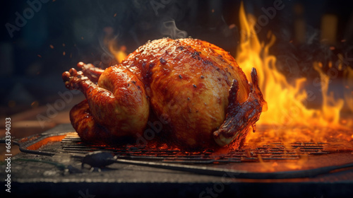 Un poulet rôti au four. Gros plan sur la viande avec fond de flammes. Alimentation, fast food, nourriture. Pour conception et création graphique.