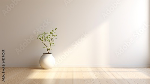  a white vase with a plant in it on a wooden floor. generative ai