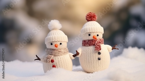  two knitted snowmen standing in the snow with a scarf on.  generative ai © Nadia