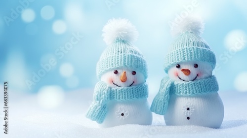  two snowmen wearing hats and scarves in the snow.  generative ai © Nadia