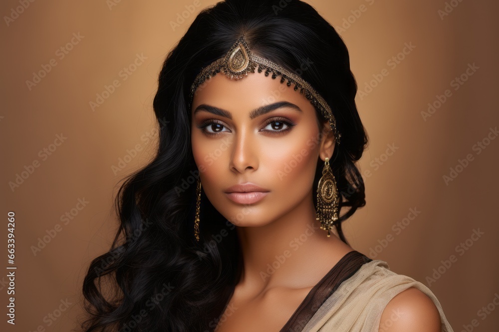 a macro close-up studio fashion portrait of a face of a young indian woman with perfect skin, black hair and immaculate make-up. Skin beauty and hormonal female health concept a macro close-up studio fashion portrait of a face of a young indian woman with perfect skin, black hair and immaculate make-up. Skin beauty and hormonal female health concept