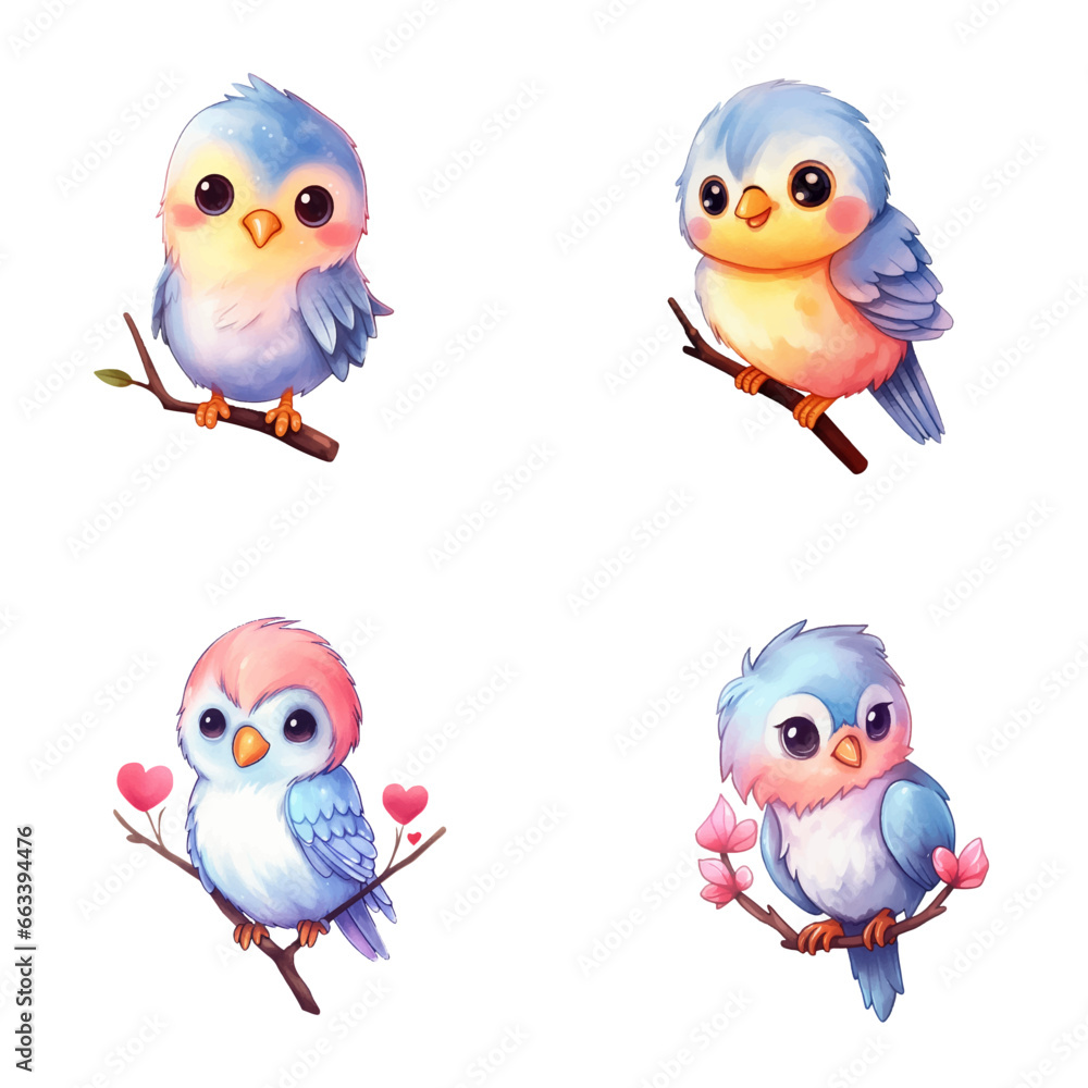 Fototapeta premium set of happy cute lovebird watercolor illustrations for printing on baby clothes, pattern, sticker, postcards, print, fabric, and books
