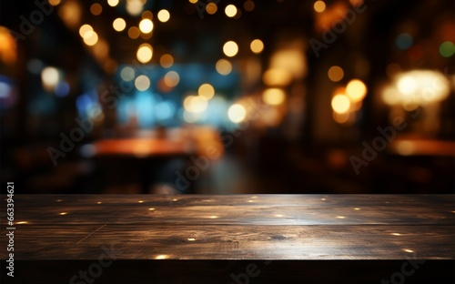 Versatile mock up space Dark wooden table against restaurants bokeh backdrop