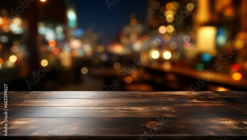 Versatile mock up space Dark wooden table against restaurants bokeh backdrop